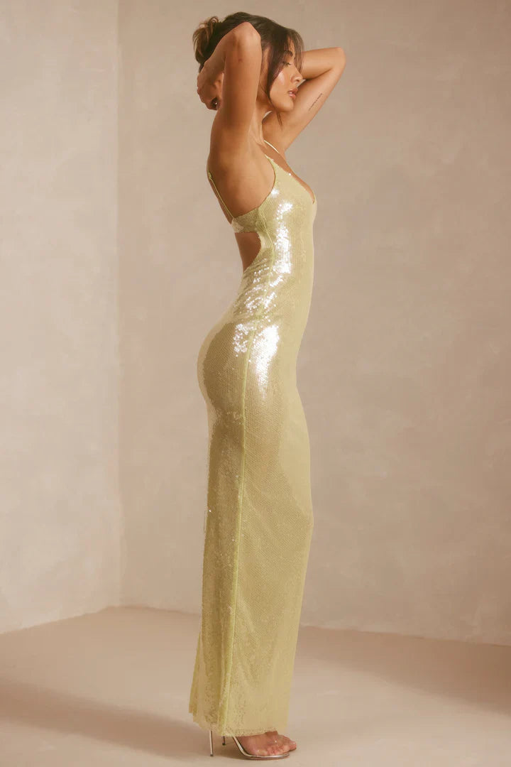 Sheer Sequin V-Neck Cut Out Trendy Back Evening Gown in Pistachio