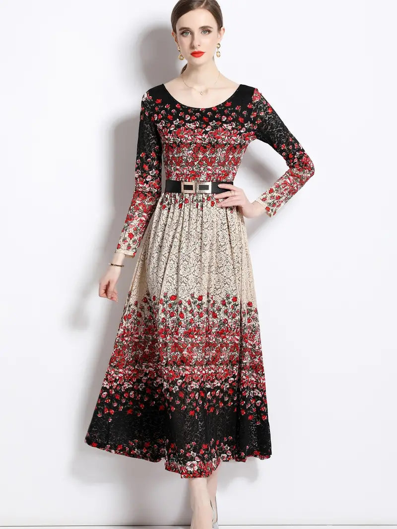 Star Print Midi Winter Dress With Belt