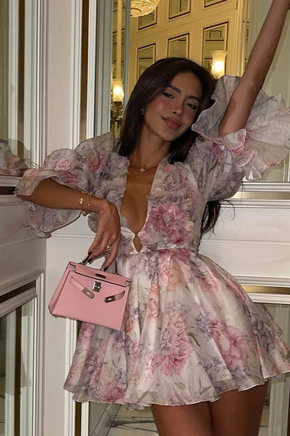 Printed Layered Ruffled Flared Sleeve Floral Dress