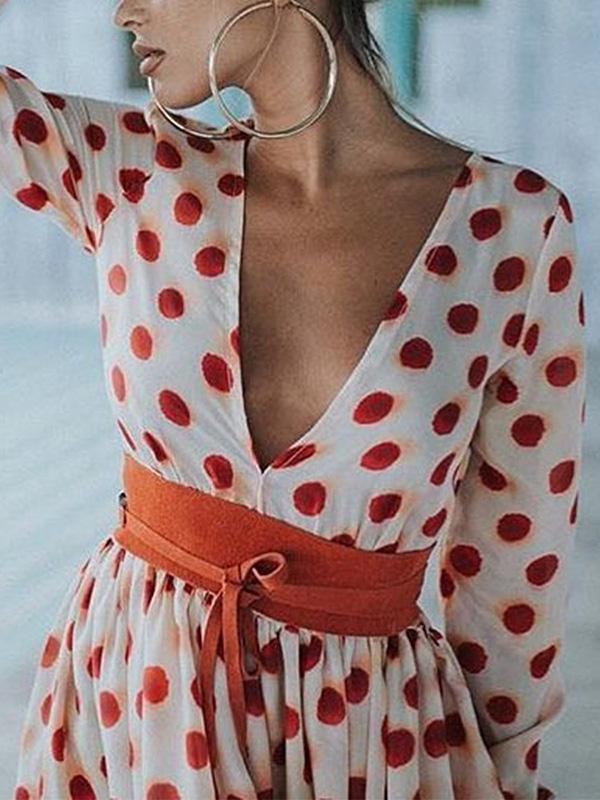 Red Polka-Dot V-Neck Maxi Dress with Long Sleeves