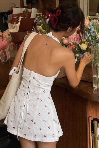 Cherry Print Halter Backless Mini Dress