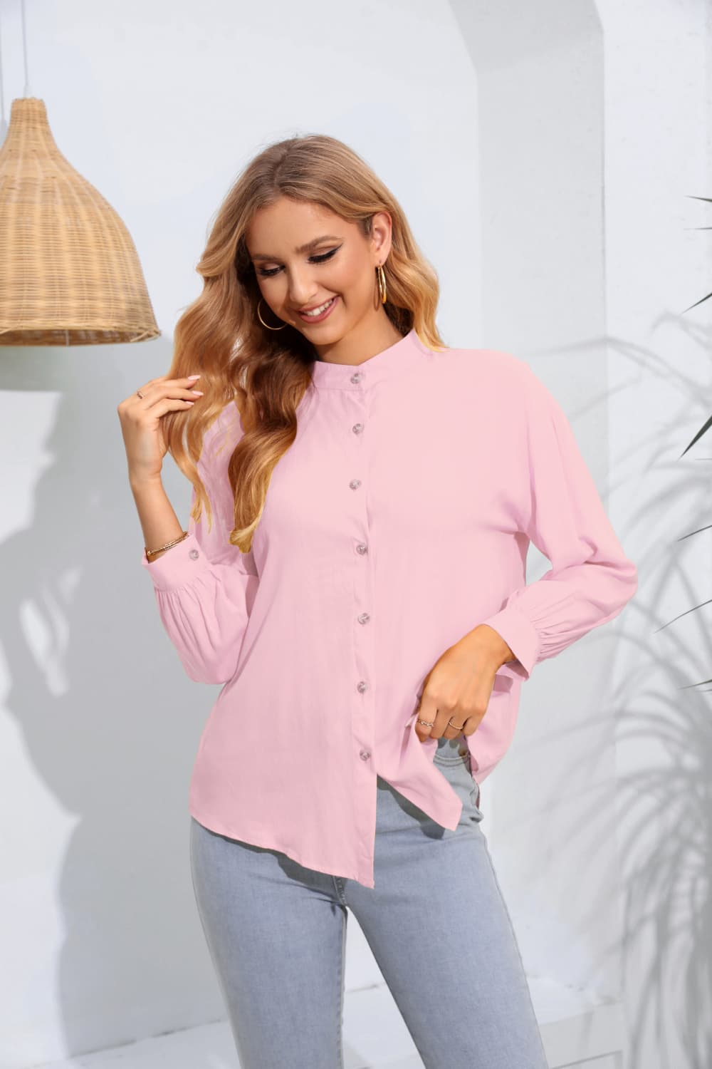 with Long Mock Arm Buttoned Blouse Neck