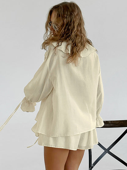 Ruffled Hem Tie Front Cardigan & Shorts Set Blouse