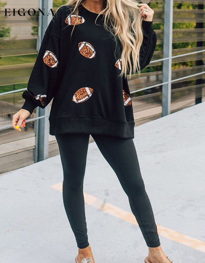 Cosybreezee - Black Sequin Rugby Graphic Pullover Football Sweatshirt