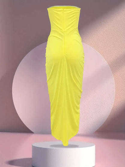 Yellow Strapless Ruched Bodycon Dress with Slit