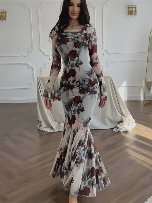 Floral Print Long Sleeve Romantic Party Dress