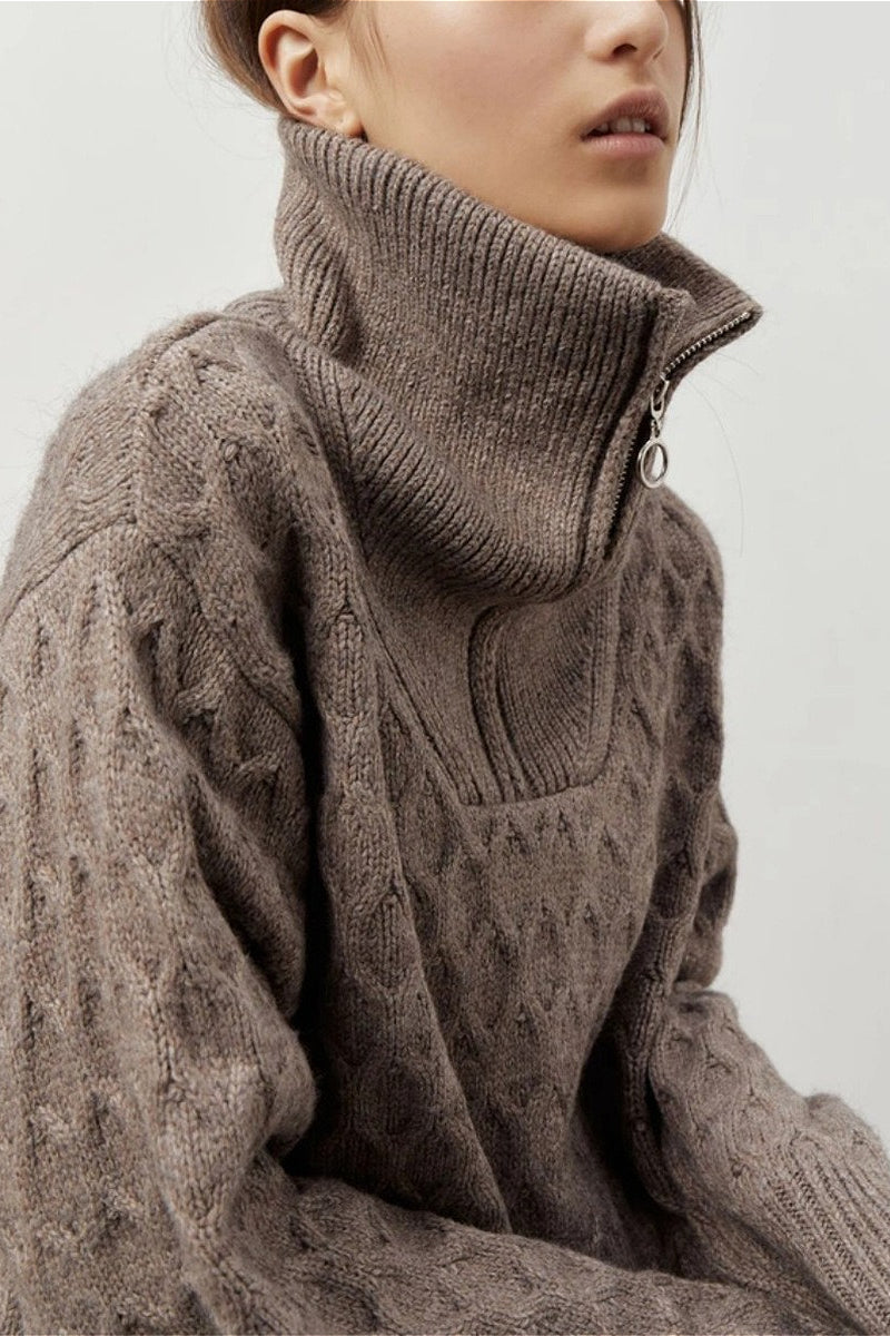 Vintage Chunky Knit High Neck Zip Up Sweater