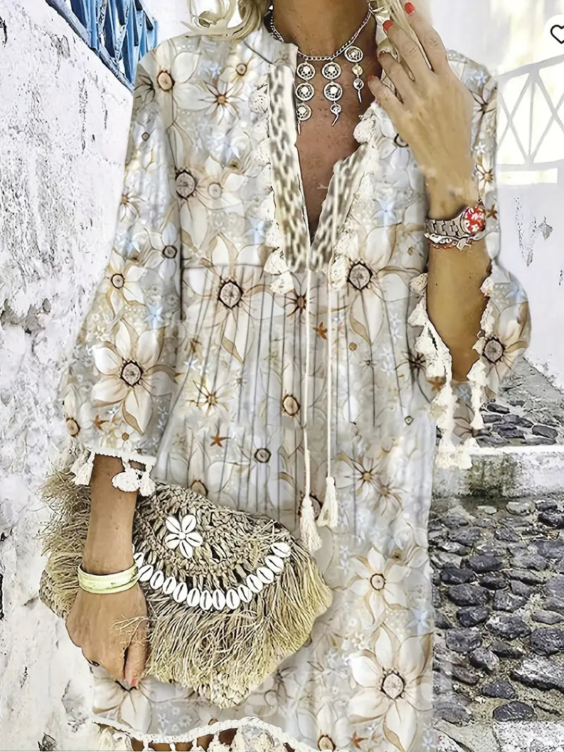 Boho V Neck Tassels Casual Dress with Retro Print