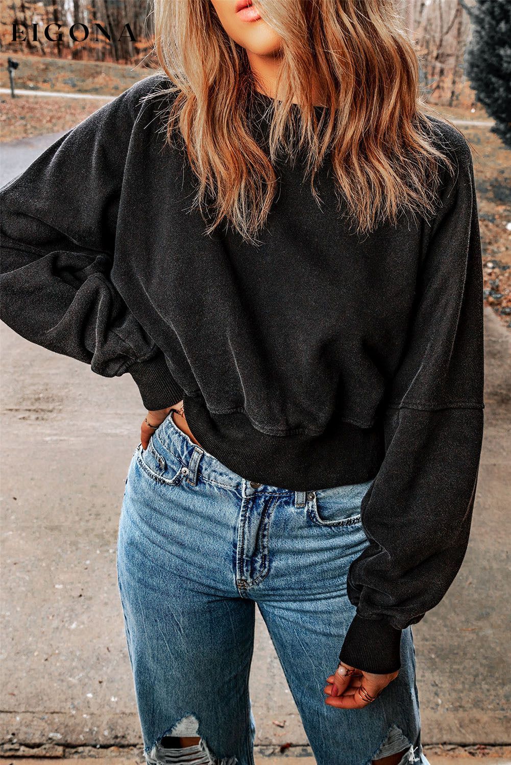 Cosybreezee - Black Acid Wash V-shape Open Back Sweatshirt