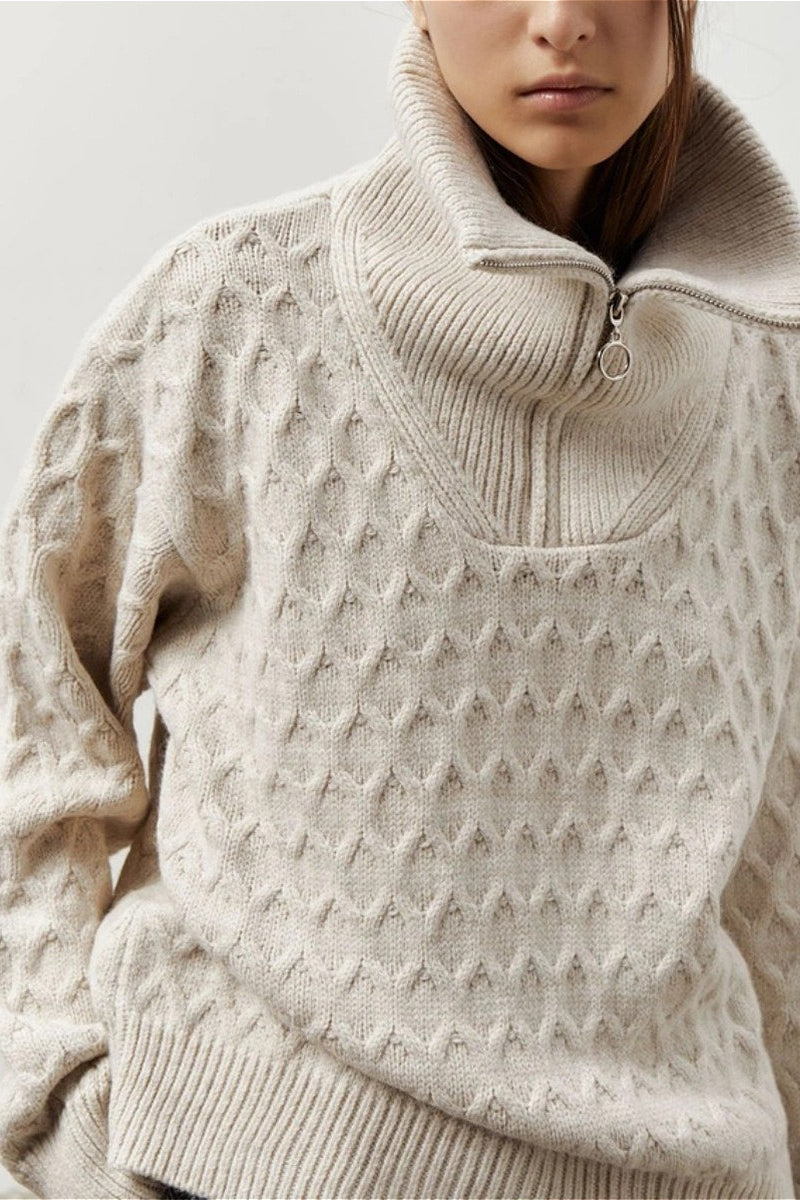 Vintage Chunky Knit High Neck Zip Up Sweater