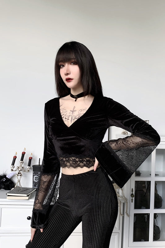 Mesh Lace Flared Sleeve Knit Top