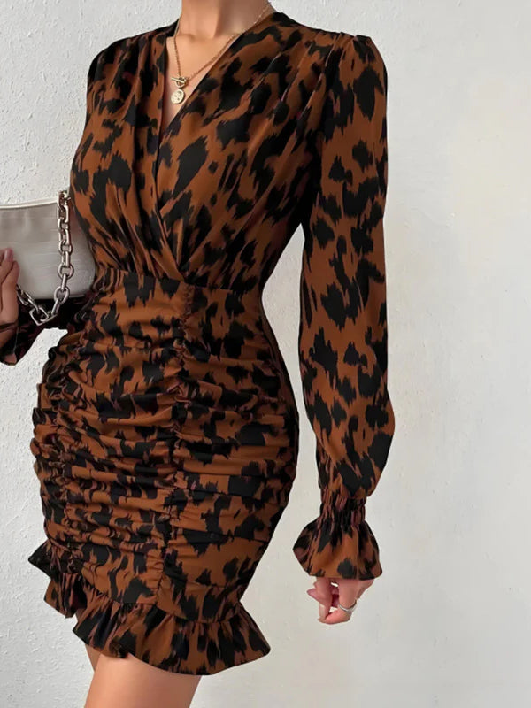 Leopard Print V-neck Tie Waist Bodycon Mini Dress Party Dress