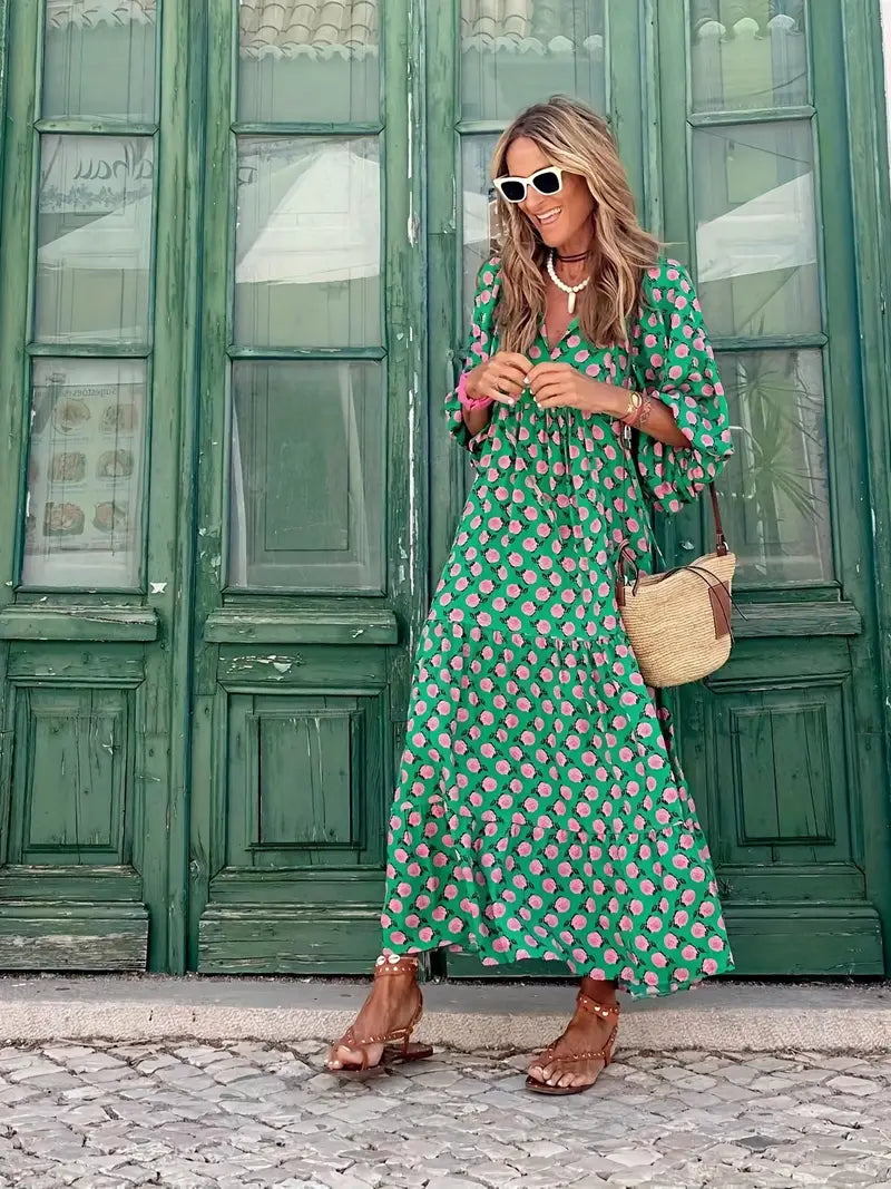 Boho Green Maxi Dress with Puff Sleeves