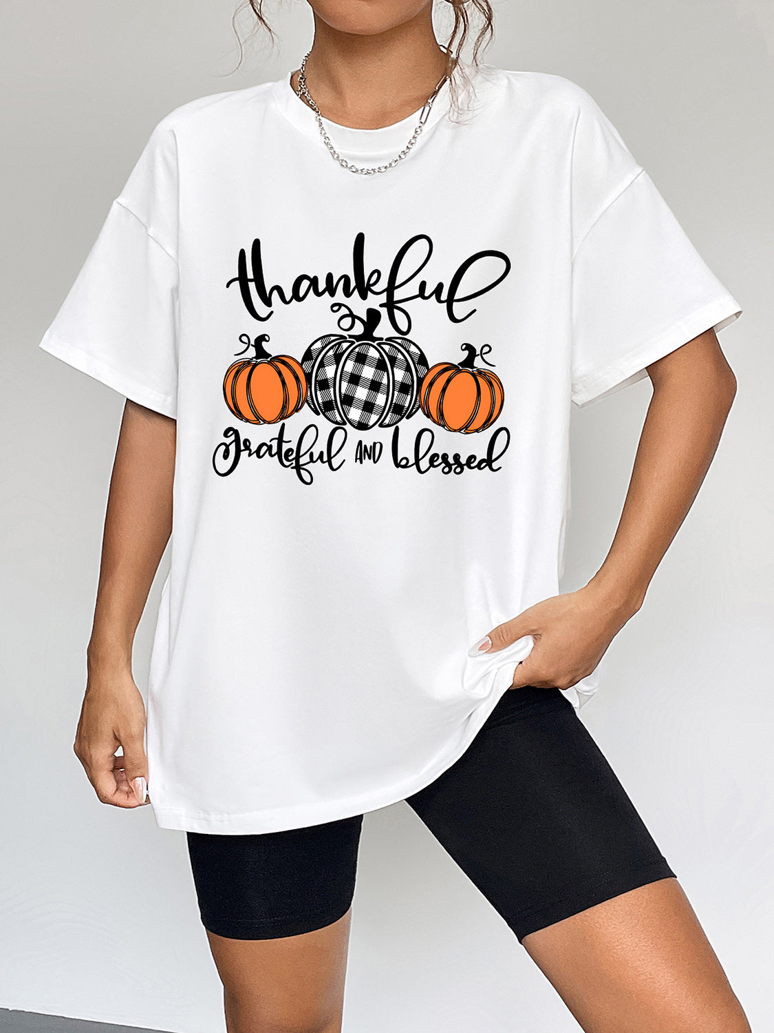 with Fall Graphic T-Shirt Neck Thanksgiving Round Season and Brief Sleeves