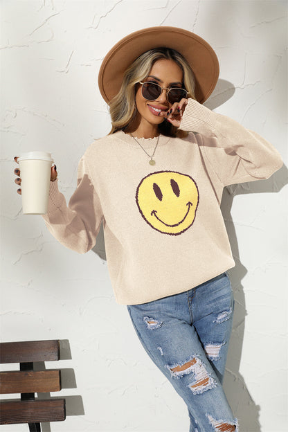 Smily Graphic Round Arm Face Long Neck Sweater