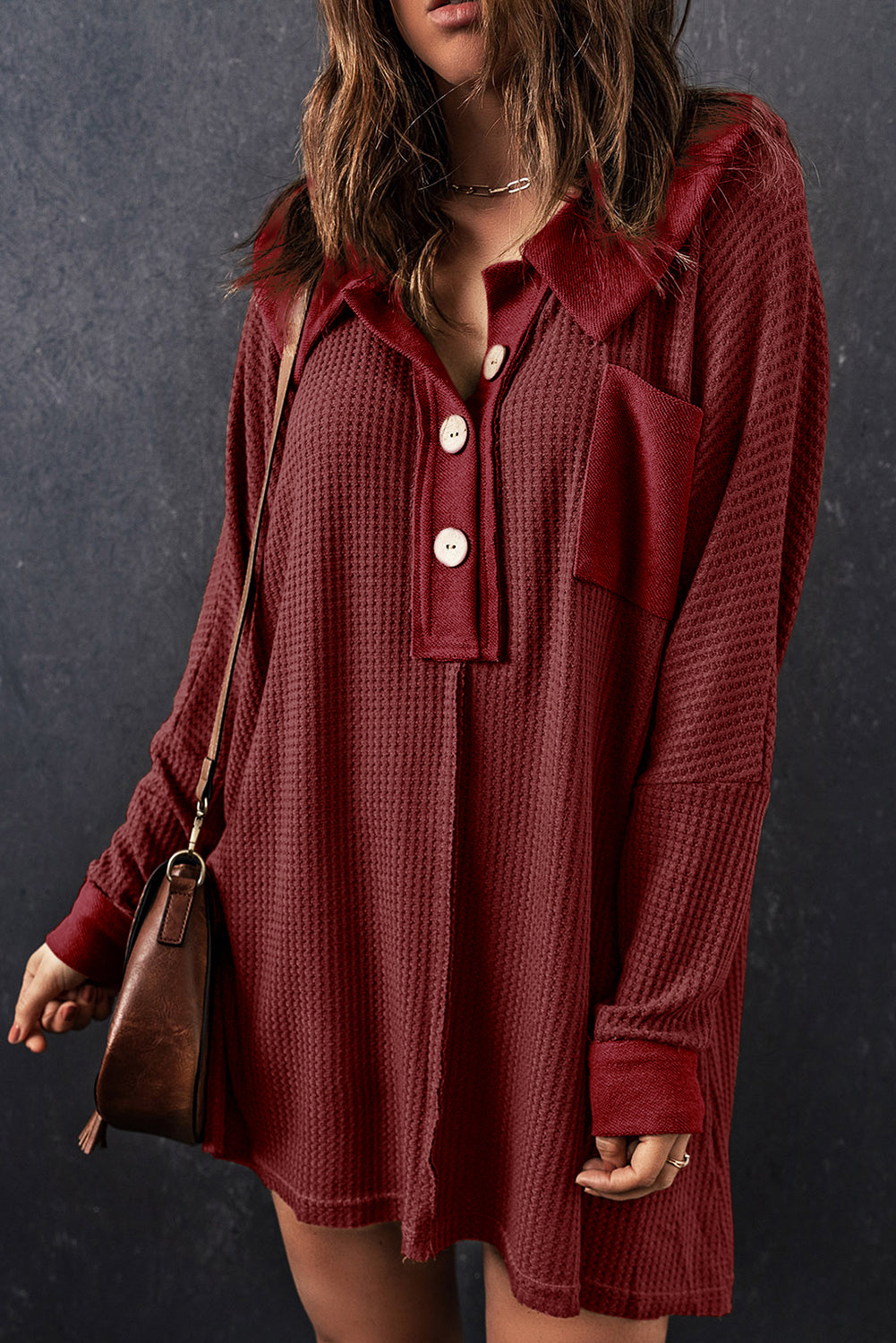 Red Knit Buttoned Waffle Top