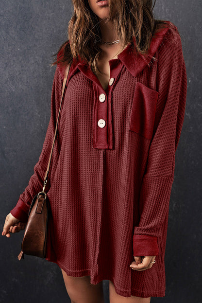 Red Knit Buttoned Waffle Top