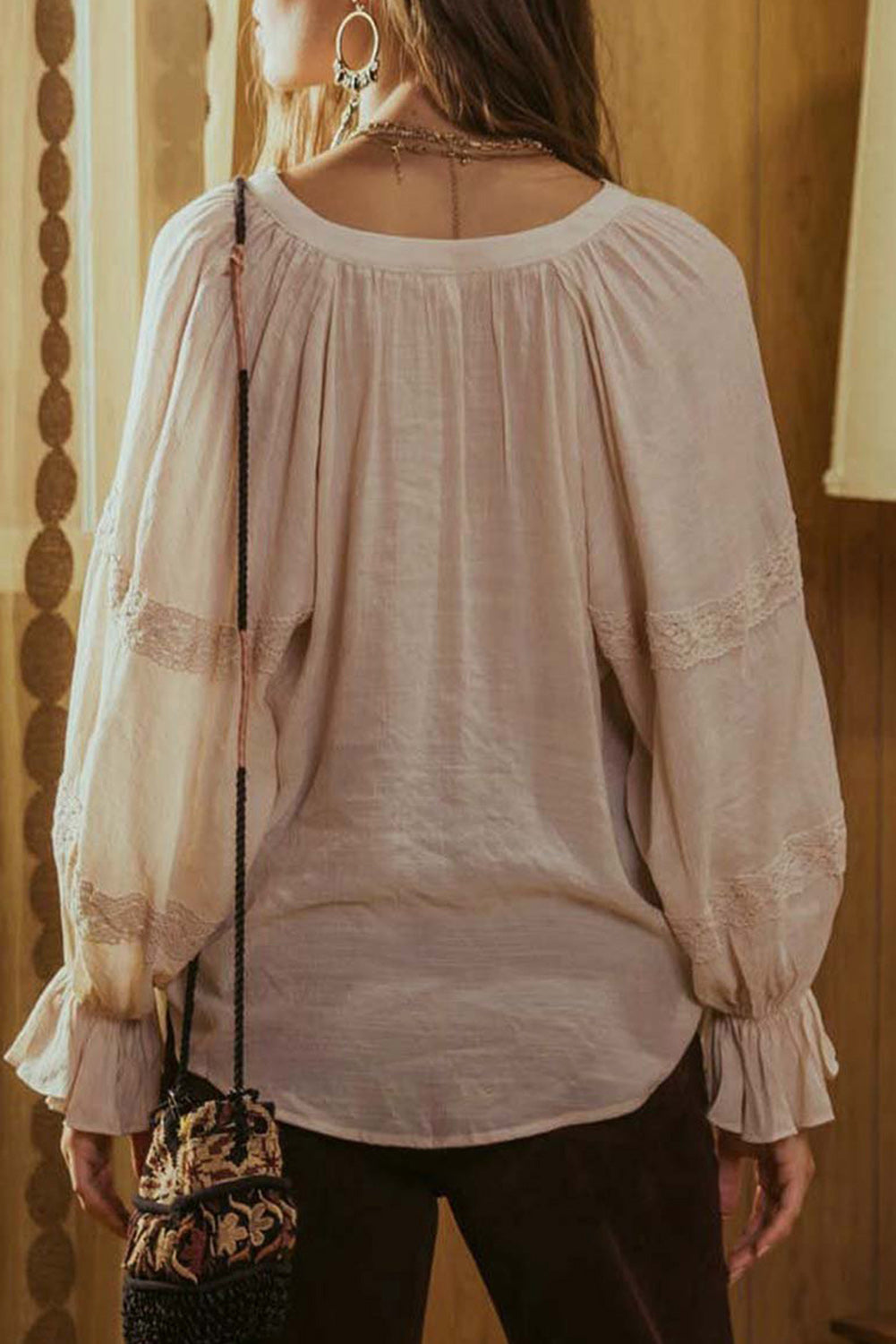 V Beige Drawstring Patchwork Neck Ruffled Lace Top