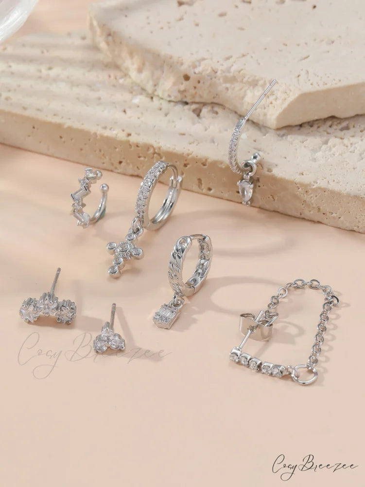 7pcs Cubic Zirconia Decor Earring Silver / one-size
