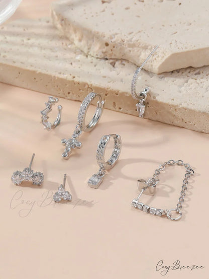 7pcs Cubic Zirconia Decor Earring Silver / one-size