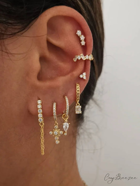 7pcs Cubic Zirconia Decor Earring Yellow Gold / one-size