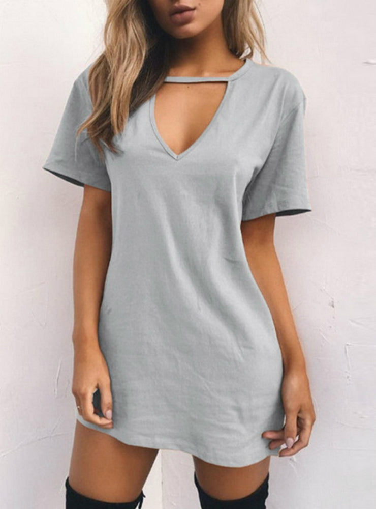 V Neck Cotton Summer Dress Women Solid Casual Loose