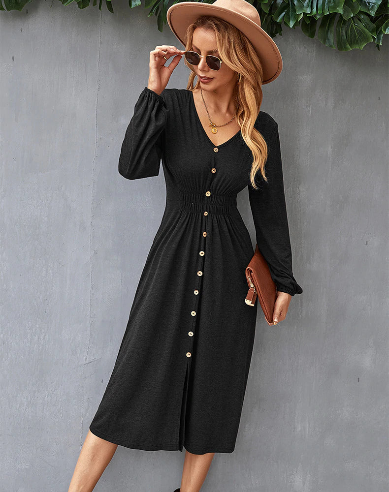 V-NECK LONG SLEEVE A-LINE DRESS