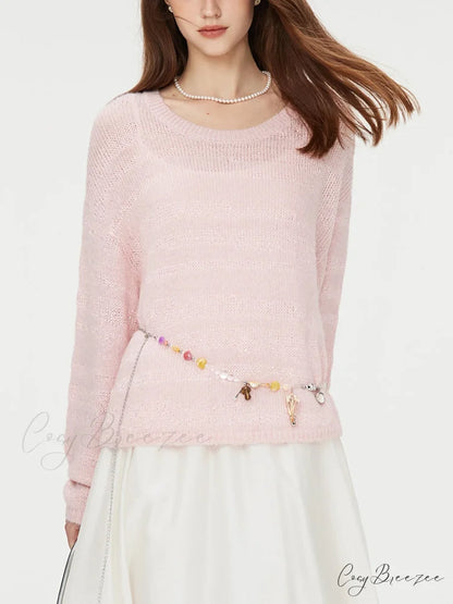 8.7% Wool Round Neck Drop Sleeve Sweater Pink / S swraters-241228