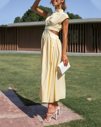 Solid color long dress with stand collar and waist tie