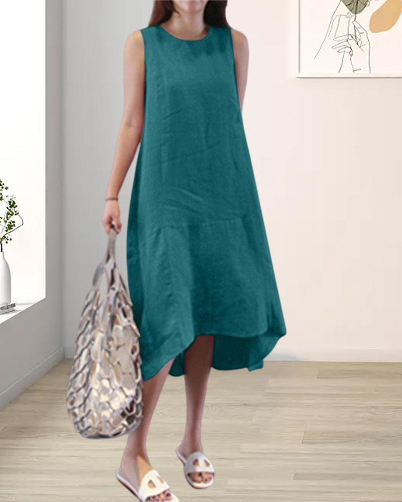 Sleeveless Cotton Linen Dress in Solid Color