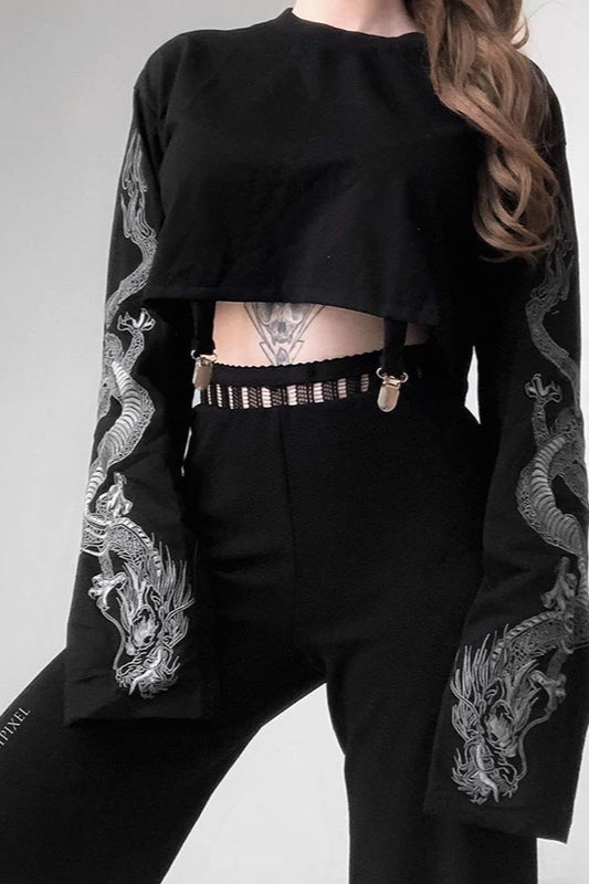 Dragon Print Cropped Hip Hop Hoodie