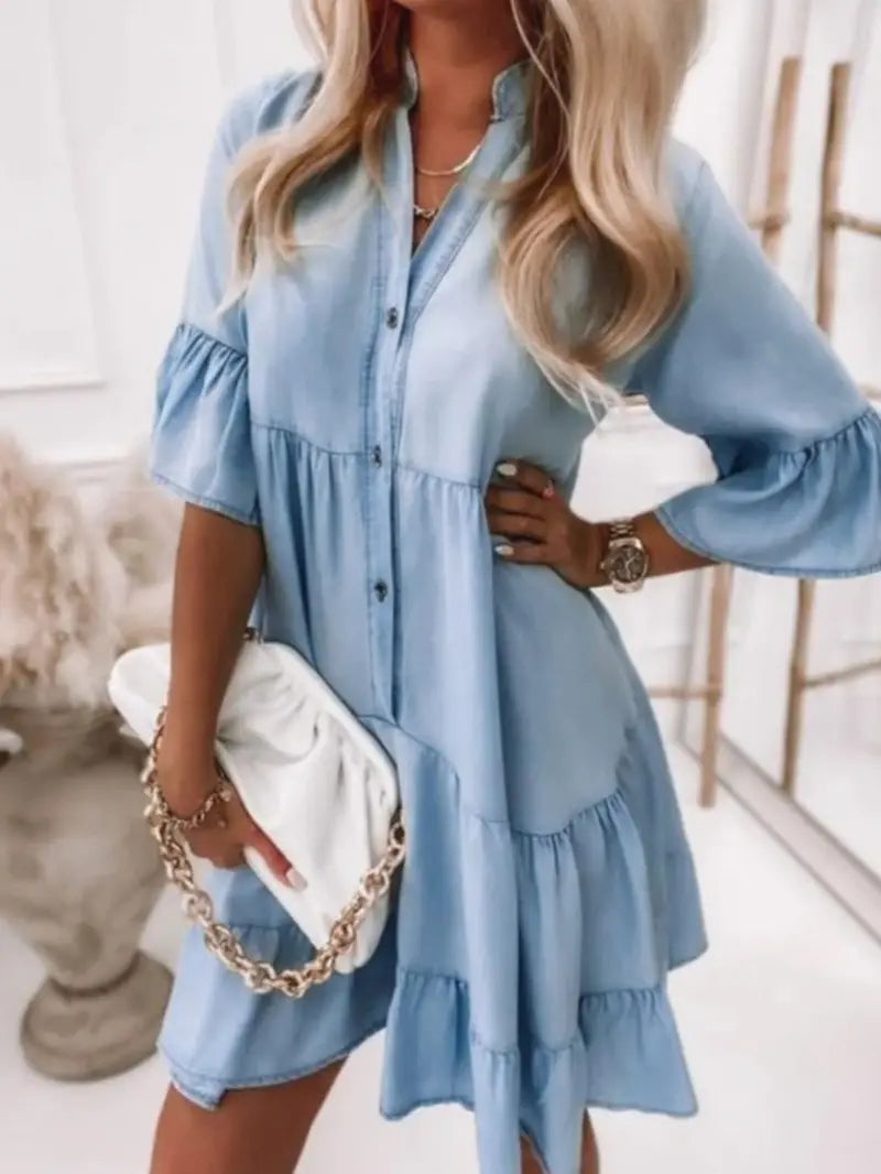 Blue Ruffles Midi Denim Dress