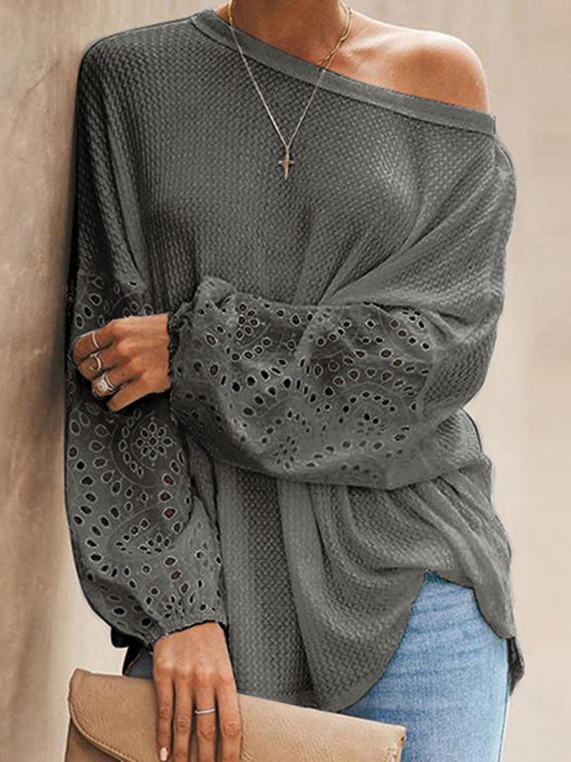 Boat with Openwork Dropped Blouse Neck Shoulders