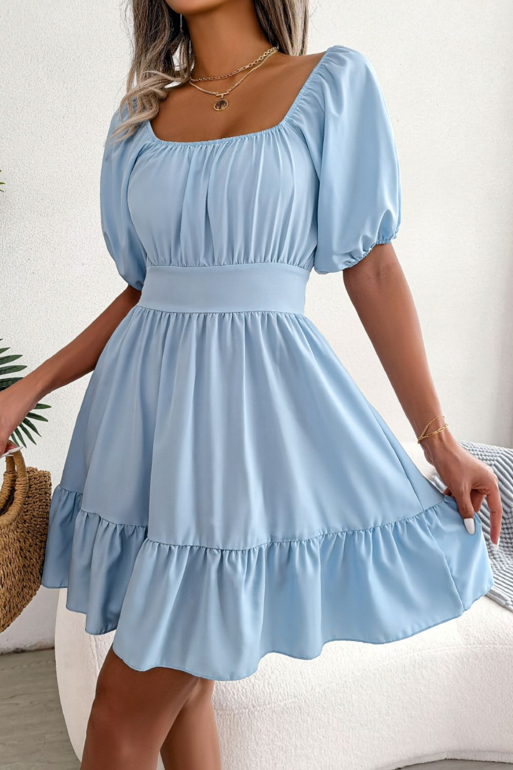 Square Neck Balloon Sleeve Ruffled Dress