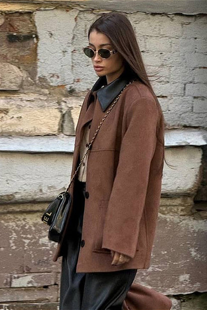 Vintage Suede Collar Contrast  Jacket