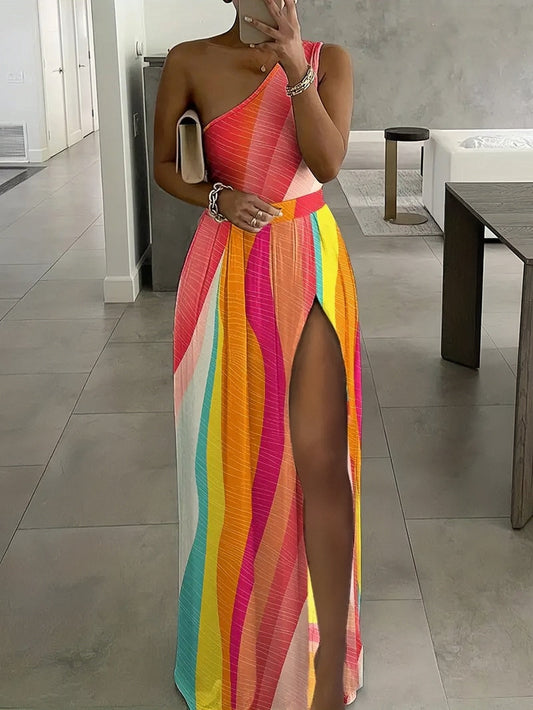 Rainbow High Slit Maxi Dress with One Shoulder