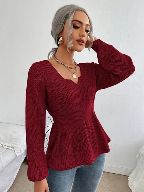 Shoulder Arm Knit Notched Dropped Top with Long Detail