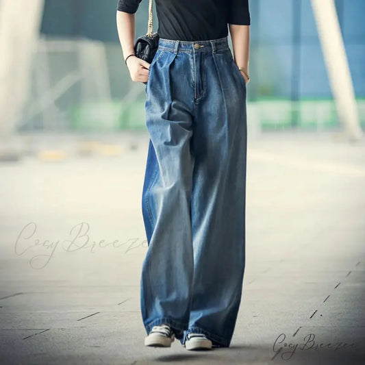 85kg Oversize High Waist Denim Baggy Wide Leg Wash Mother Spring Korean Vintage Straight Streetwear Jean Blue / 26