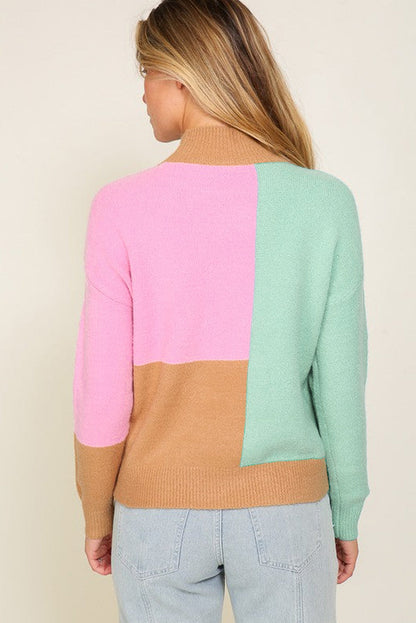 Trim Ribbed Mock Neck Colorblock Sweater