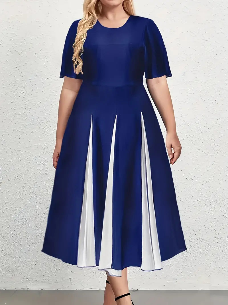 Blue A-line Dress with Flutter Sleeves and Round Neck Contrast Color