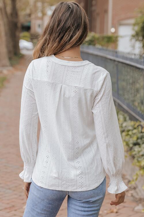 Blouse with Flounce Openwork Notched Long Sleeves