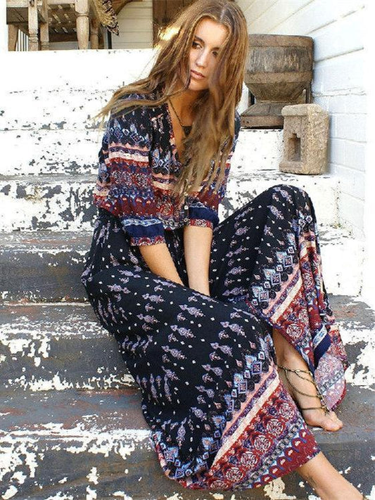 Bohemia Maxi Dress with Floral Print and 3/4 Sleeves