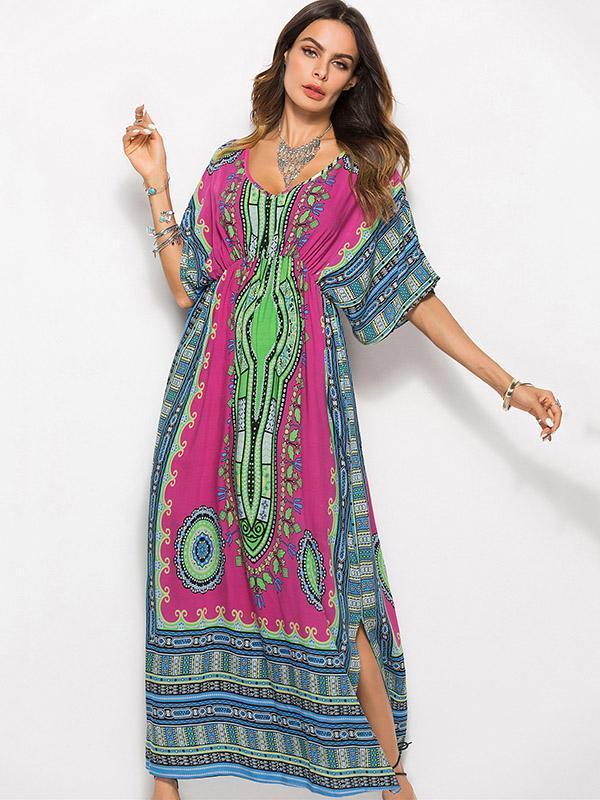 V-Neck Waisted Printed Maxi Dress for Summer Beach