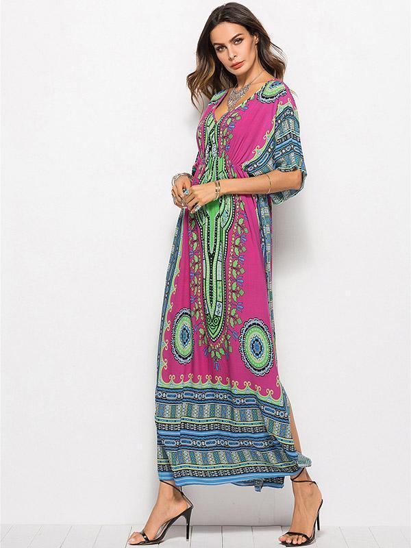 V-Neck Waisted Printed Maxi Dress for Summer Beach