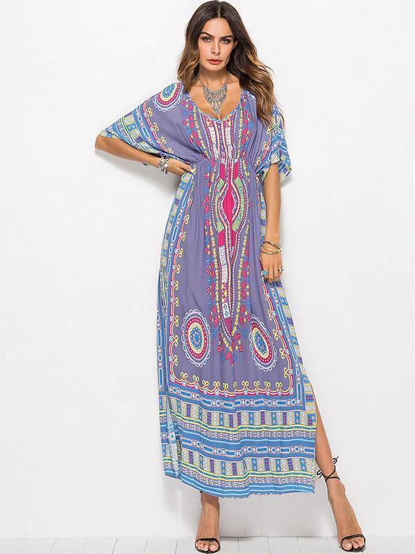 V-Neck Waisted Printed Maxi Dress for Summer Beach