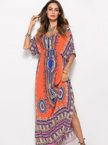 V-Neck Waisted Printed Maxi Dress for Summer Beach