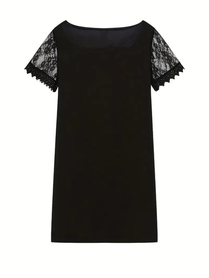 Short Sleeve Scallop Trim Lace Contrast Dress in Black