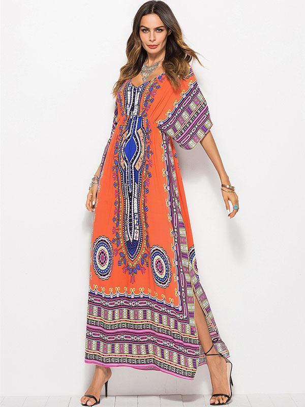 V-Neck Waisted Printed Maxi Dress for Summer Beach