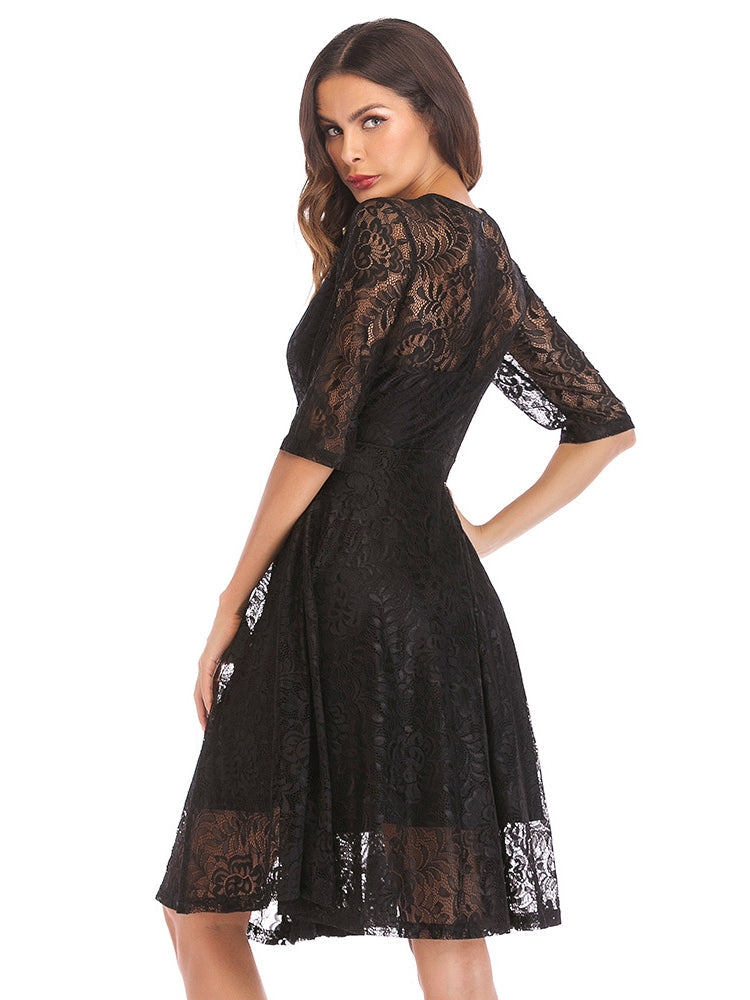 Scallop Trim Lace Overlay Dress in Black