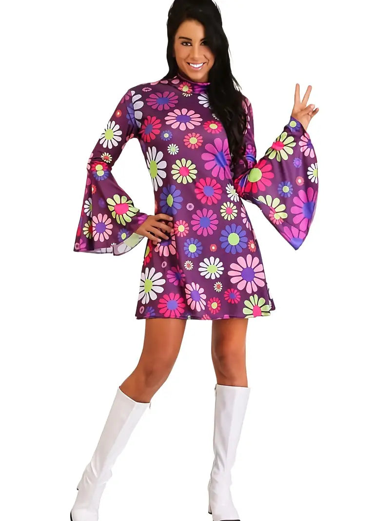 Purple Floral Flared Long Sleeve Party Dress